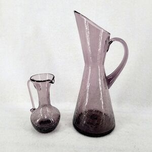 Vintage Amethyst Crackle‎ Glass Pitcher Set Hand Blown Applied Handle EUC